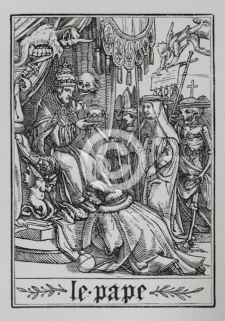 The Pope visited by Death from "The Dance of Death", 1538, (1877).  Creator: Unknown.