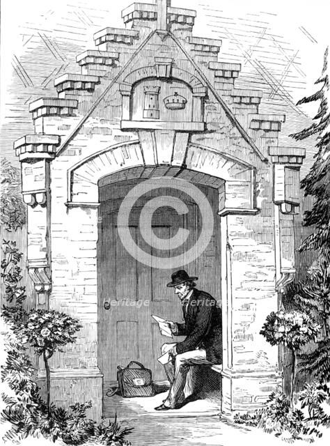 The Porch, Hughenden Lodge: Lord Beaconsfield reading his letters, 1881. Creator: Unknown.