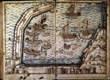 The port of Barcelona during its construction, miniature in which builders of the harbor, ships a…
