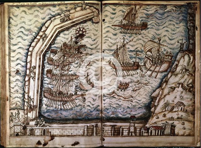 The port of Barcelona during its construction, miniature in which builders of the harbor, ships a…