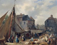 The port of Honfleur, loading cattle, c1823. Creator: Xavier Leprince