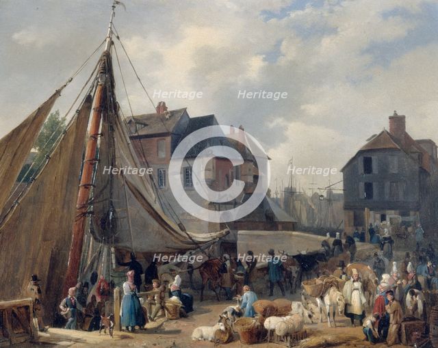 The port of Honfleur, loading cattle, c1823. Creator: Xavier Leprince.