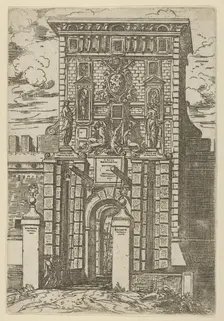 The Porta Galliera, the entrance gate to Bologna and drawbridge with temporary decorations..., 1598. Creator: Guido Reni