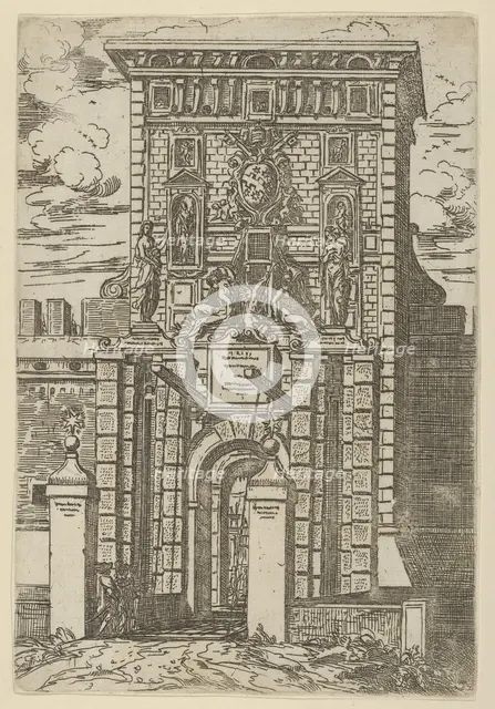 The Porta Galliera, the entrance gate to Bologna and drawbridge with temporary decorations..., 1598. Creator: Guido Reni.