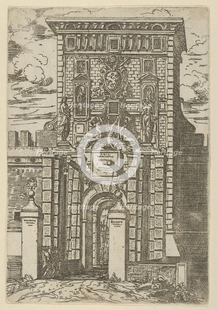 The Porta Galliera, the entrance gate to Bologna and drawbridge with temporary decorations..., 1598. Creator: Guido Reni.
