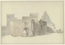 The Porta San Paolo and the Pyramid of Cestius in Rome, c.1809-c.1812. Creator: Josephus Augustus Knip