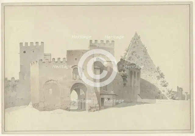 The Porta San Paolo and the Pyramid of Cestius in Rome, c.1809-c.1812. Creator: Josephus Augustus Knip.