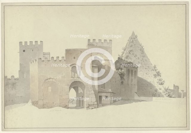 The Porta San Paolo and the Pyramid of Cestius in Rome, c.1809-c.1812. Creator: Josephus Augustus Knip.