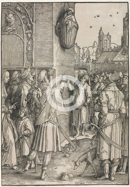 The Power of Women: The Poet Virgil Suspended in a Basket, c. 1512. Creator: Lucas van Leyden (Dutch, 1494-1533).
