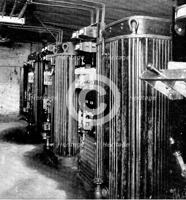 The power-house: inside the high-tension chamber at the Brunswick Mill, Ancoats, 1909.  Creator: Unknown.