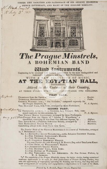 The Prague Minstrels, a Bohemian Band of Wind Instruments, at the Egyptian Hall Piccadilly, 1830. Creator: Unknown.