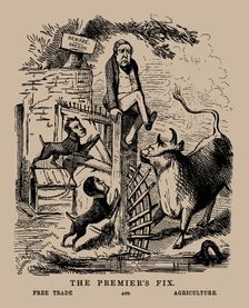The Premier's Fix. Free Trade and Agriculture (Peel between Free Trade and Protection), April 1845. Creator: Anonymous