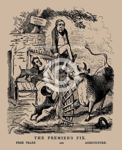 The Premier's Fix. Free Trade and Agriculture (Peel between Free Trade and Protection), April 1845. Creator: Anonymous.