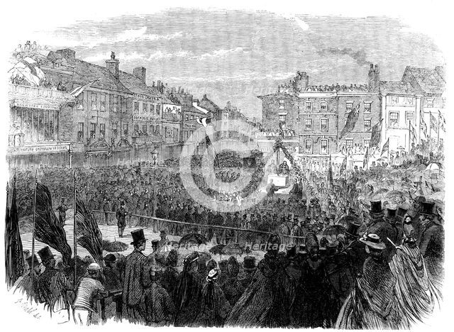 The Preston Guild Festival: the mayor laying the foundation-stone of the...new townhall, 1862. Creator: E. Skill.