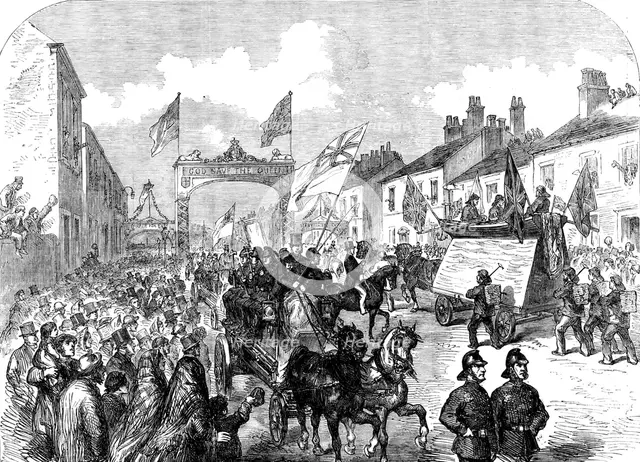 The Preston Guild Festival: the Trades Procession doubling at the triumphal arch, London-road, 1862. Creator: Unknown.