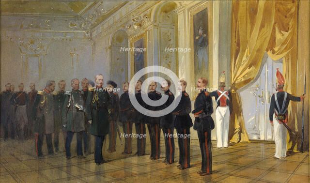 The presentation of the Siberian Cossack regiment to Emperor Nicholas I...in 1833, 1891. Creator: Karasin, Nikolai Nikolayevich (1842-1908).