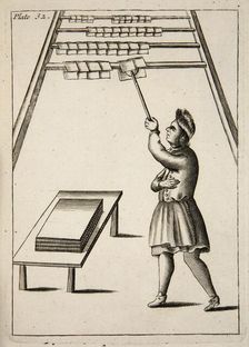 The Pressman Hanging Paper, pub. 1683 (engraving). Creator: English School (17th Century)