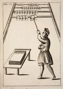 The Pressman Hanging Paper, pub. 1683 (engraving). Creator: English School (17th Century)