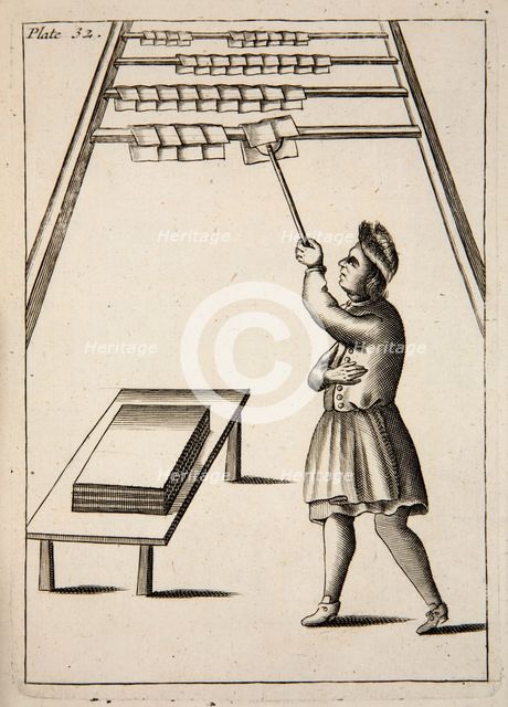 The Pressman Hanging Paper,  pub. 1683 (engraving). Creator: English School (17th Century).