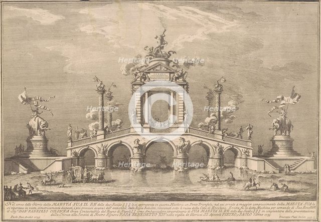 The Prima Macchina for the Chinea of 1755: A Triumphal Bridge with Antiquities..., 1755. Creator: Giuseppe Vasi.
