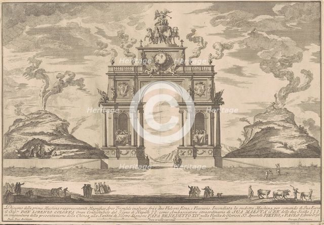 The Prima Macchina for the Chinea of 1756: A Triumphal Arch between Mount Etna..., 1756. Creator: Giuseppe Pozzi.