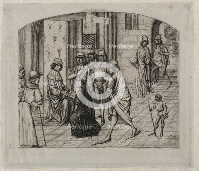 The Printed Work of the Latin Author, Valerius Maximus, Being Presented to King Louis XI, 1860. Creator: Charles Meryon (French, 1821-1868).