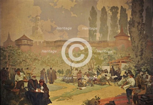 The Printing of the Bible of Kralice in Ivancice (The cycle The Slav Epic). Artist: Mucha, Alfons Marie (1860-1939)