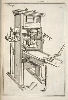 The Printing Press, pub. 1683 (engraving). Creator: English School (17th Century)