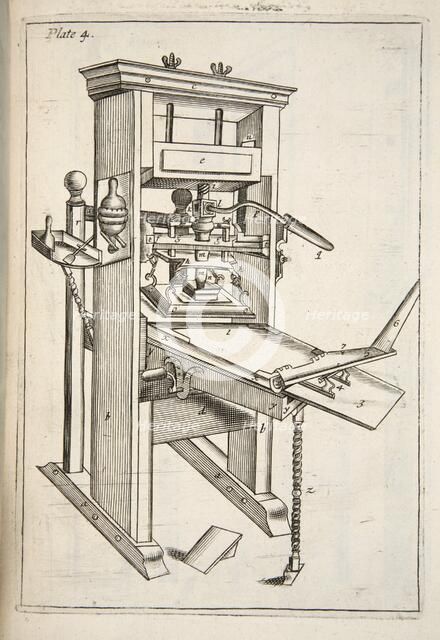 The Printing Press, pub. 1683 (engraving). Creator: English School (17th Century).