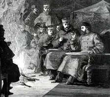 The Prince and his Comrades: Camp-Fire after Dinner in the Terai, 1876. Creator: Unknown