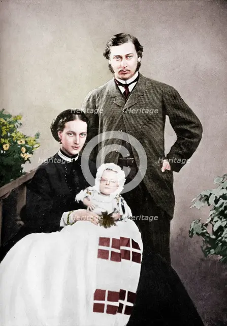 The Prince and Princess of Wales with the infant Prince Albert Victor, 1864 (1910). Creator: Vernon Heath.