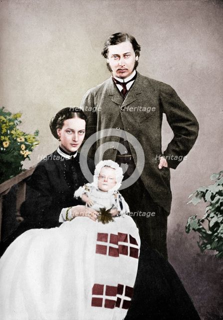 The Prince and Princess of Wales with the infant Prince Albert Victor, 1864 (1910). Creator: Vernon Heath.