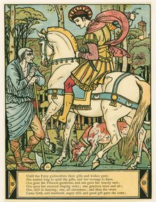 The Prince asks directions, from The Blue Beard Picture Book, pub. 1879 (colour lithograph), 1879. Creator: Walter Crane (1845 - 1915)