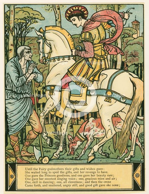 The Prince asks directions, from The Blue Beard Picture Book, pub. 1879 (colour lithograph), 1879. Creator: Walter Crane (1845 - 1915).