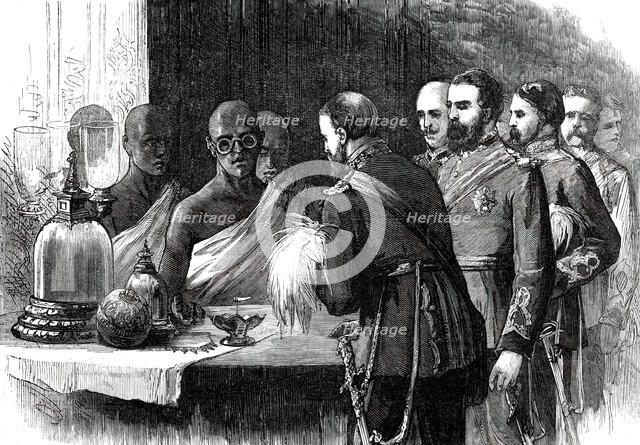 The Prince inspecting the Sacred Tooth, Kandy, from a sketch by one of our special artists, 1876. Creator: Unknown.