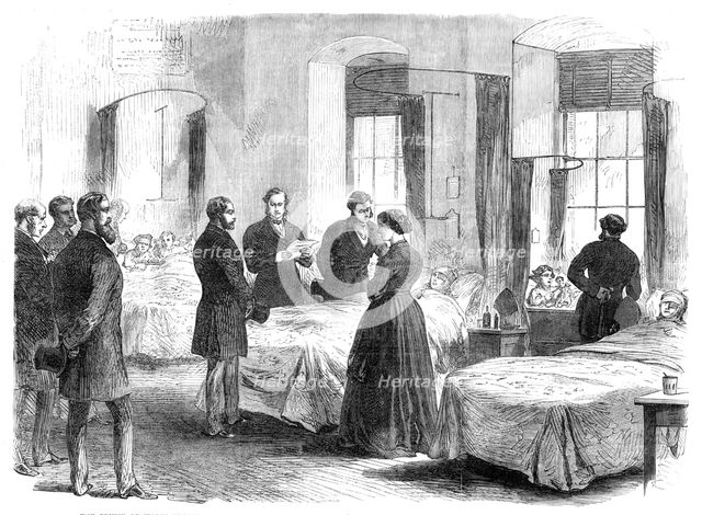 The Prince of Wales visiting persons at St. Bart's Hospital wounded by Clerkenwell Explosion, 1868. Creator: Unknown.