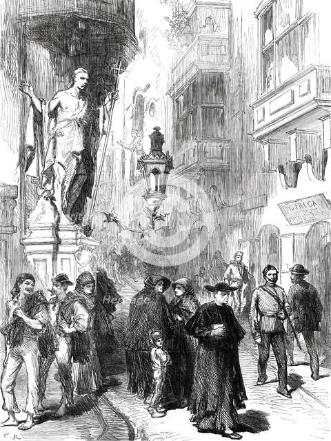 The Prince of Wales at Malta: a Street in Valetta, 1876. Creator: C.R..