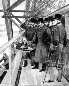 The Prince of Wales driving in the last rivet of the Forth Bridge, 1890. Creator: Unknown