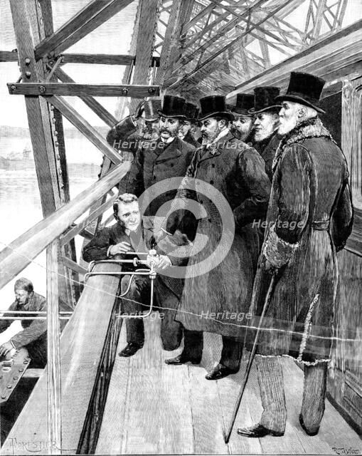 The Prince of Wales driving in the last rivet of the Forth Bridge, 1890. Creator: Unknown.