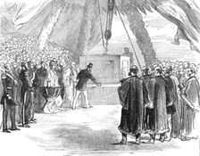 The Prince of Wales fixing the last stone of the Portland Breakwater, 1872. Creator: Unknown