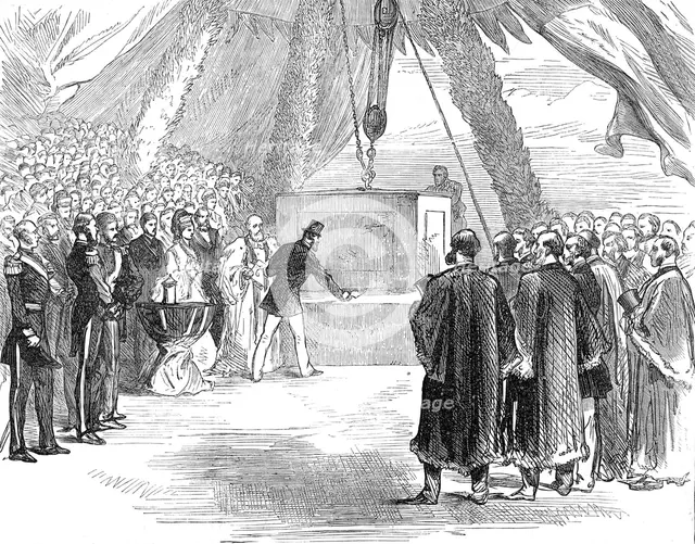 The Prince of Wales fixing the last stone of the Portland Breakwater, 1872. Creator: Unknown.