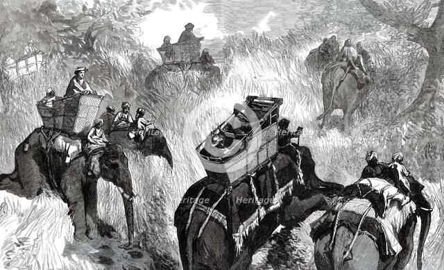 The Prince of Wales in the Terai: crossing a Nullah in the Jungle...1876. Creator: W. J. P..