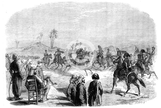 The Prince of Wales in Egypt: Jereed exercise performed by arnouts and arab chiefs..., 1862. Creator: E. Skill.
