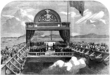 The Prince of Wales laying the last stone of the Victoria Bridge over the St Lawrence river, 1860.Artist: George Henry Andrews