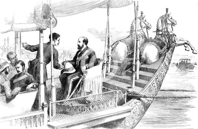The Prince of Wales on board the State Barge of the Maharajah at Benares...1876. Creator: Unknown.