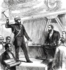 The Prince of Wales riveting the last bolt of the Alexandra Railway Bridge in the Punjaub...1876. Creator: Unknown