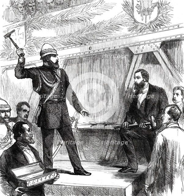 The Prince of Wales riveting the last bolt of the Alexandra Railway Bridge in the Punjaub...1876. Creator: Unknown.