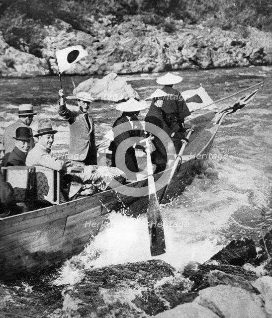 The Prince of Wales shooting the rapids at Kyoto, Japan, 1922. Artist: Unknown