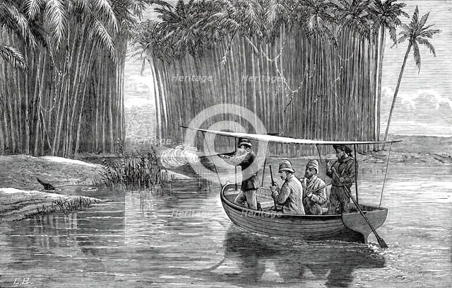 The Prince of Wales shooting otters at Beypore, from a sketch by an officer of the Serapis, 1876. Creator: L.B..