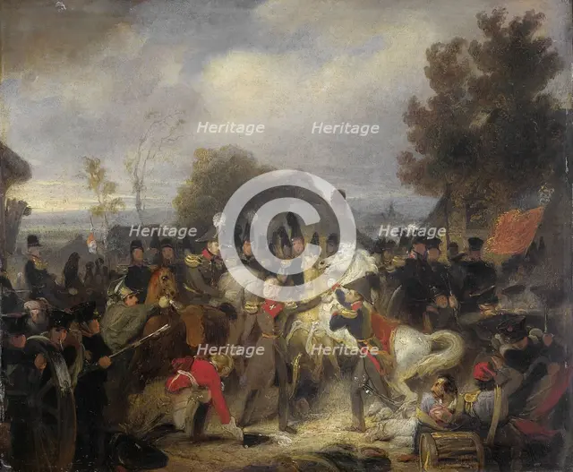The Prince of Orange changing his Wounded Horse during the Engagement at Boutersem, 1837-1839. Creator: Cornelis Kruseman.